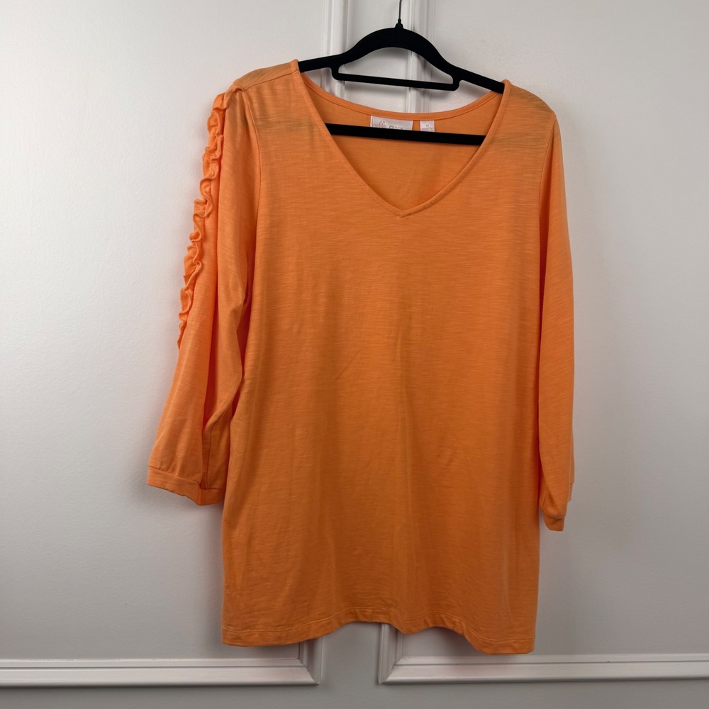 Belle by Kim Gravel Orange Ruffle Sleeve V-Neck Slub Knit Top Medium Womens